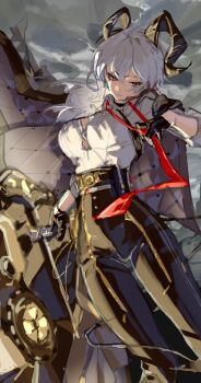 1girl absurdres adjusting_clothes adjusting_necktie armband black_armband black_choker black_gloves black_horns black_pants breasts button_gap choker closed_mouth commentary cowboy_shot curled_horns earrings gloves grey_hair hair_between_eyes highres holding holding_shield horns jewelry key_earrings large_breasts long_hair looking_to_the_side mochi_upamo mole mole_under_eye necktie pants red_eyes red_necktie shield shirt shirt_tucked_in solo white_shirt wuthering_waves zani_(wuthering_waves)