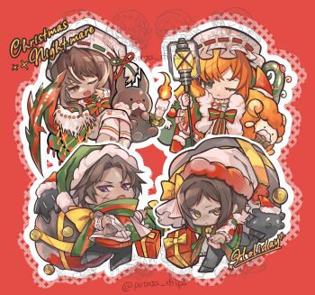 2boys 2girls :< brown_eyes brown_hair chibi christmas christmas_nightmare_(e.g.o) christmas_ornaments_in_hair commentary e.g.o_(project_moon) gnome_(project_moon) green_eyes green_hat gregor_(project_moon) hat heathcliff_(project_moon) highres holding holding_lantern holiday_(e.g.o) ishmael_(project_moon) lantern limbus_company long_hair looking_at_viewer multiple_boys multiple_girls orange_eyes orange_hair outis_(project_moon) potata_chips project_moon red_background santa_hat short_hair sidelocks simple_background symbol-only_commentary tentacles very_long_hair white_hat