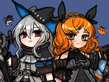 2girls arknights blue_background cosplay e.g.o_(project_moon) freckles highres ishmael_(project_moon) limbus_company multiple_girls nra_3614 orange_hair orca project_moon red_eyes skadi_(arknights) skadi_(arknights)_(cosplay) squid white_hair