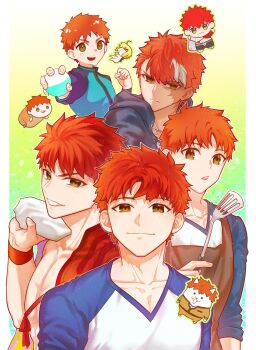 Rule 34 | 1boy, absurdres, apron, artoria pendragon (fate), basashi (1092aru), brown eyes, capsule servant, chibi, commentary request, emiya shirou, emiya shirou (capsule servant), emiya shirou (prisma illya), fate/grand order, fate/kaleid liner prisma illya, fate/stay night, fate (series), highres, male focus, multicolored hair, red hair, saber (fate), senji muramasa (fate), solo, stuffed toy, two-tone hair, white hair