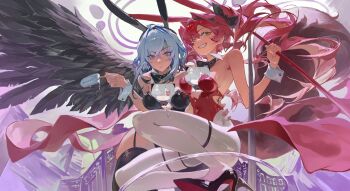 2girls absurdres alternate_costume animal_ear_hairband animal_ears bare_shoulders black_bow black_bowtie black_leotard black_shoes bow bowtie breasts censored character_censor closed_mouth commentary fake_animal_ears galbrena_(wuthering_waves) grey_hair grin hair_bow hairband high_heels highres leotard liudaohai6001 long_hair looking_at_viewer lupa_(wuthering_waves) medium_breasts medium_hair mornye_(wuthering_waves) multiple_girls novelty_censor pantyhose pink_hair playboy_bunny purple_eyes rabbit_ear_hairband rabbit_ears red_leotard shoes smile symbol-only_commentary tacet_mark_(wuthering_waves) white_pantyhose wrist_cuffs wuthering_waves yellow_eyes