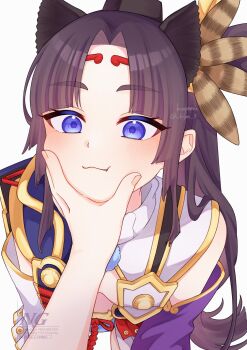 1girl armor black_hair blue_eyes blush closed_mouth fate/grand_order fate_(series) hair_ornament highres japanese_armor kogemu_(kgm_3) light_smile long_hair looking_at_viewer pov shoulder_armor signature sode squeezing_cheeks twitter_username ushiwakamaru_(fate) ushiwakamaru_(second_ascension)_(fate) watermark