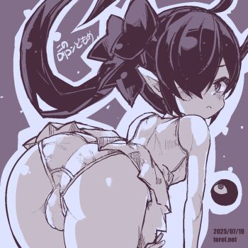 1girl :< ahoge all_fours ass backbeako_(torotei) backbeard bare_shoulders blush breasts cameltoe closed_mouth commentary dated dated_commentary dress from_behind gegege_no_kitarou hair_over_one_eye hair_ribbon kono_lolicon_domome long_hair looking_at_viewer looking_back monochrome original paid_reward_available panties petite pointy_ears ribbon simple_background sleeveless sleeveless_dress small_breasts solo torotei translated twintails underwear watermark web_address