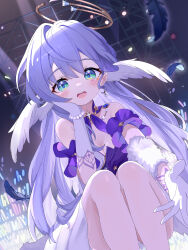 Rule 34 | 1girl, absurdres, aqua eyes, bare shoulders, black feathers, breasts, cleavage, detached sleeves, dress, earrings, falling feathers, feathers, gloves, hair between eyes, halo, hand on own cheek, hand on own face, head wings, highres, honkai: star rail, honkai (series), jewelry, long hair, looking at viewer, mou banlangen, open mouth, purple dress, purple hair, robin (honkai: star rail), short sleeves, sitting, solo, stage lights, teeth, two-tone dress, upper teeth only, white dress, white gloves, white wings, wings