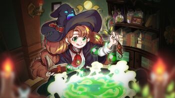 1girl ascot black_robe book bookmark bookshelf bottle braid brown_hair bubble cabinet candle cauldron commentary ellie_blueriver green_eyes hairband hat korean_commentary leaf little_witch_in_the_woods long_hair mandrake official_art picture_frame potion robe shirt smoke stitches talking_hat twin_braids witch witch_hat