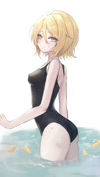 1girl ass black_swimsuit blonde_hair blue_eyes blush breasts commentary covered_erect_nipples elpuchi food fruit hair_ornament hairclip highres kagamine_rin looking_at_viewer looking_back one-piece_swimsuit orange_(fruit) orange_slice parallel_hairclips revision short_hair small_breasts smile solo swimsuit vocaloid water water_drop wet