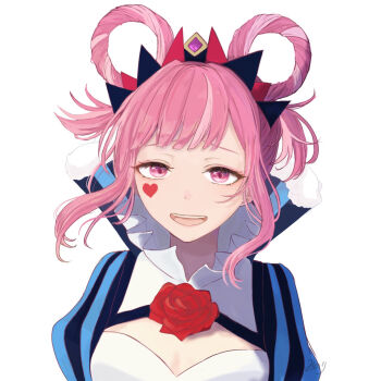 1girl :d blunt_bangs breasts cleavage commentary_request dress facial_mark fire_emblem fire_emblem_engage folded_twintails hair_flaps hair_rings heart heart_facial_mark highres hortensia_(fire_emblem) looking_at_viewer medium_breasts multicolored_hair nintendo open_mouth pink_eyes pink_hair sidelocks smile solo striped_clothes striped_dress two-tone_hair user_jgky5523