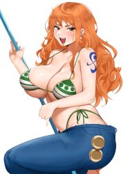 Rule 34 | 1girl, absurdres, bikini, blue pants, blush, breasts, brown eyes, cleavage, denim, earrings, feet out of frame, green bikini, highres, holding, holding polearm, holding weapon, huge breasts, jeans, jewelry, kevbot, lips, long hair, looking at viewer, nami (one piece), navel, one piece, open mouth, orange hair, pants, polearm, print bikini, shoulder tattoo, side-tie bikini bottom, skindentation, solo, spaghetti strap, strap gap, swimsuit, tattoo, teeth, unaligned breasts, undersized clothes, weapon, white background