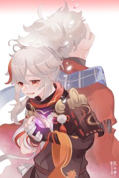 2boys antenna_hair armor artist_name asymmetrical_sleeves back-to-back bandaged_arm bandaged_hand bandages black_gloves black_haori black_scarf blue_scarf commentary_request crossed_bangs fingerless_gloves genshin_impact gloves glowing glowing_petals hair_between_eyes haori head_back high_ponytail highres holding japanese_armor japanese_clothes kaedehara_kazuha kazuha's_friend_(genshin_impact) kimono kippeijii leaf_print long_hair long_sleeves low_ponytail lower_teeth_only male_focus maple_leaf_print mismatched_sleeves multicolored_hair multiple_boys open_mouth petals pom_pom_(clothes) ponytail red_eyes red_hair red_haori red_scarf scarf short_sleeves shoulder_armor sidelocks smile sode streaked_hair tassel tears teeth twitter_username vision_(genshin_impact) white_background white_hair white_kimono wide_sleeves