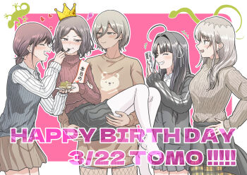 5tb ahoge awa_subaru birthday_sash black_hair blush brown_hair cake cake_slice carrying cellphone closed_eyes crown ebizuka_tomo english_text feeding food girls_band_cry green_eyes grey_eyes grey_hair hair_ribbon happy_birthday highres iseri_nina jacket kawaragi_momoka long_hair low_twintails mole mole_under_eye multiple_girls open_mouth phone pink_background princess_carry red_eyes ribbon rupa_(girls_band_cry) salamander shirt simple_background skirt smartphone smile snake socks sweat sweater sweater_vest togenashi_togeari turtleneck turtleneck_sweater twintails white_ribbon white_shirt white_socks