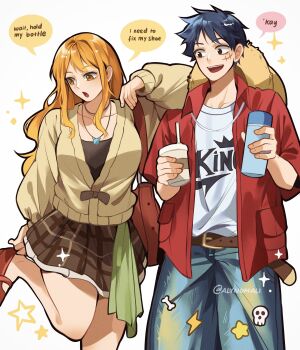 Rule 34 | 1boy, 1girl, alternate costume, alynomali, belt, belt buckle, black eyes, black hair, blue pants, brown belt, brown skirt, buckle, commentary, contemporary, cup, denim, disposable cup, english commentary, english text, facial scar, hat, highres, holding, holding cup, jacket, jeans, jewelry, long hair, looking at another, monkey d. luffy, nami (one piece), necklace, one piece, open clothes, open jacket, open mouth, orange eyes, orange hair, pants, plaid clothes, plaid skirt, red jacket, scar, scar on cheek, scar on face, shirt, simple background, skirt, smile, speech bubble, straw hat, teeth, twitter username, upper teeth only, white background, white shirt