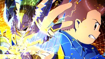 2boys armor blitzmon blue_armor blue_bodysuit bodysuit brown_eyes brown_hair digimon digimon_frontier electricity evolution evolutionary_line henshin henshin_pose highres horns kato_(digiyuzu) multiple_boys own_hands_clasped own_hands_together shibayama_junpei short_hair single_horn