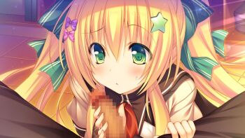 Rule 34 | 1girl, blonde hair, censored, enkou jk bitch gyaru - oji-san to nama pako seikatsu, green eyes, open mouth, penis