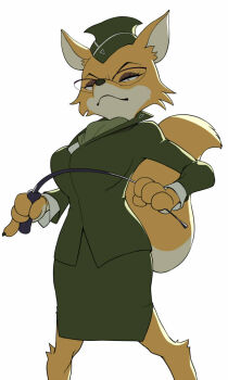 1girl breasts commentary_request feet_out_of_frame fox furry furry_female garrison_cap glasses green_hat green_jacket green_skirt hat jacket long_sleeves looking_at_viewer medium_breasts military_uniform officer_yeou pencil_skirt pointer simple_background skirt solo squirrel_and_hedgehog wata_do_chinkuru white_background