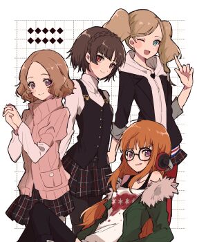 4girls absurdres black_pantyhose blue_eyes brown_hair commentary_request fur-trimmed_jacket fur_trim glasses green_jacket headphones highres hood hood_down jacket long_hair long_sleeves looking_at_viewer mitsu_(cr_kun) multiple_girls niijima_makoto okumura_haru one_eye_closed open_mouth orange_hair own_hands_together pantyhose persona persona_5 plaid_clothes plaid_skirt purple_eyes red_eyes sakura_futaba shirt short_hair skirt smile sweater takamaki_ann turtleneck twintails