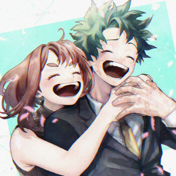 1boy 1girl aqua_background bare_arms bare_shoulders black_jacket black_shirt boku_no_hero_academia border brown_hair collared_shirt facial_scar freckles green_hair hk_(nt) holding_hands hug hug_from_behind jacket laughing medium_hair midoriya_izuku neckerchief open_mouth scar scar_on_cheek scar_on_face scar_on_hand shirt short_hair sleeveless sleeveless_turtleneck smile suit_jacket thick_eyebrows turtleneck twitter_username upper_body uraraka_ochako white_border white_shirt yellow_neckerchief