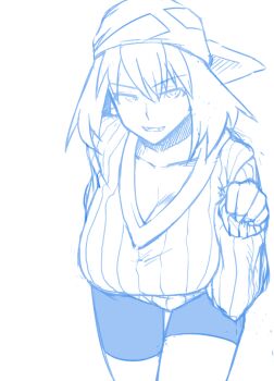 00s 1girl bandana bike_shorts blue_theme breasts cleavage female_focus hanging_breasts huge_breasts leaning_forward may_(pokemon) may_(pokemon_emerald) maydrawfag monochrome nintendo paw_pose pokemon pokemon_rse ribbed_sweater short_hair smile solo sweater