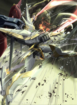 battle code_geass commentary_request flying glowing glowing_eyes green_eyes highres hiratai_ykst holding holding_sword holding_weapon knightmare_frame lancelot_(code_geass) lancelot_conquista mecha mechanical_wings no_humans robot science_fiction sword weapon wings
