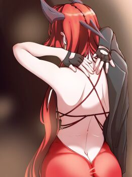 1girl ass black_gloves butt_crack dress evening_gown fingerless_gloves from_behind gloves goddess_of_victory:_nikke highres horns me_koaiigo mechanical_horns official_alternate_costume red_dress red_hair red_hood_(nikke) red_hood_(nonsense_red)_(nikke) solo