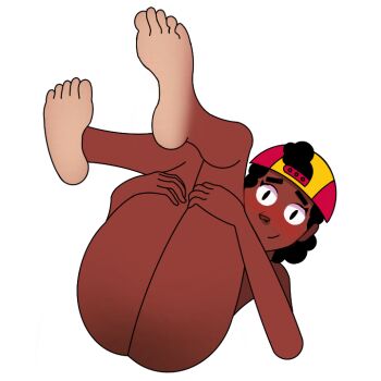1girl ass bare_legs barefoot black_eyes black_hair blush brawl_stars closed_mouth curly_hair dark-skinned_female dark_skin embarrassed feet feet_up holding_legs legs legs_up looking_at_viewer lying meg_(brawl_stars) no_panties non-web_source random_br1 self-upload smile soles solo source_request toes white_background