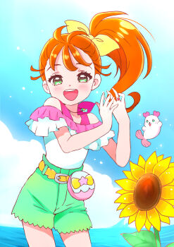 Rule 34 | 1girl, belt, blue sky, brown hair, cloud, cloudy sky, commentary, cowboy shot, day, flower, frilled shirt, frills, green eyes, green shorts, hair pulled back, hair ribbon, half-closed eyes, highres, horizon, jewelry, kururun (precure), kyanos (b 0000ff), looking at viewer, medium hair, natsuumi manatsu, necklace, ocean, off-shoulder shirt, off shoulder, outdoors, pink shirt, pouch, precure, ribbon, ring, seal (animal), shell, shell necklace, shirt, shorts, side ponytail, sky, solo, sunflower, tropical-rouge! precure, two-tone shirt, white shirt, yellow belt, yellow ribbon