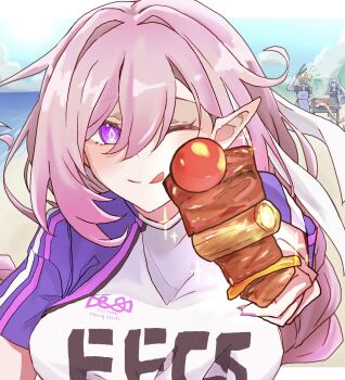 1boy 2girls breasts brochette commentary_request diamond-shaped_pupils diamond_(shape) elf elysia_(herrscher_of_human:_ego)_(honkai_impact) elysia_(honkai_impact) elysia_(summer_2024)_(honkai_impact) food fu_hua h3_hk highres holding holding_food honkai_(series) honkai_impact_3rd kalpas_(honkai_impact) large_breasts long_hair multiple_girls pink_hair pointy_ears purple_eyes solo_focus symbol-shaped_pupils textless_version two-tone_shirt very_long_hair