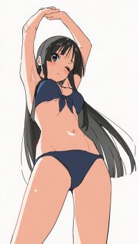 1girl akiyama_mio arms_up b0000gie bikini black_bikini black_eyes black_hair blunt_bangs breasts from_below front-tie_bikini_top front-tie_top highres k-on! long_hair looking_at_viewer medium_breasts one_eye_closed simple_background solo standing stretching swimsuit white_background