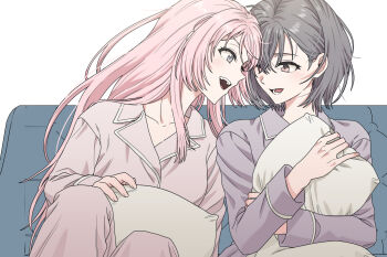 2girls bang_dream! bang_dream!_it's_mygo!!!!! black_hair chihaya_anon laughing multiple_girls nagseojang one_eye_closed pajamas pillow pink_hair sitting takamatsu_tomori