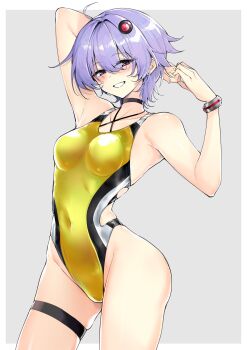 Rule 34 | 1girl, absurdres, arms behind head, belt, border, bracelet, breasts, collarbone, commentary request, covered navel, gold one-piece swimsuit, grey background, hair ornament, highleg, highleg one-piece swimsuit, highres, jewelry, looking at viewer, navel, one-piece swimsuit, outside border, purple eyes, purple hair, short hair, simple background, smile, solo, swimsuit, thigh belt, thigh strap, voiceroid, white border, yuzuki yukari, zooanime