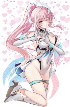 Rule 34 | 1girl, adapted costume, aemeath (wuthering waves), asymmetrical footwear, bare shoulders, breasts, cameltoe, closed mouth, commentary, covered navel, elbow gloves, four-finger heart hands, full body, gloves, hair ornament, halo, heart, heart background, heart hands, high heels, highleg, highleg leotard, highres, large breasts, leotard, lineart, long hair, looking at viewer, one eye closed, partially colored, pink hair, ponytail, saint laurent paris, shoes, simple background, smile, solo, star-shaped pupils, star (symbol), symbol-shaped pupils, thighs, uneven footwear, white background, white gloves, white leotard, white shoes, wuthering waves, yellow eyes, yellow pupils