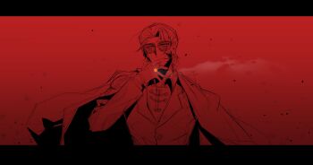 1boy blood blood_on_face cigar collarbone commentary_request hai000_0 hair_slicked_back highres holding holding_cigar jacket jacket_on_shoulders korean_commentary limbus_company looking_at_viewer male_focus meursault_(project_moon) monochrome mullet partially_colored project_moon red_theme short_hair smoking solo sunglasses thumb_(identity)_(project_moon) yellow_eyes