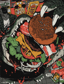 4others alligator bacon black_hat black_shirt bread bread_bun burger cellphone cheese claws commentary counter crocodilian cup disposable_cup eating english_commentary food from_above furry green_jacket hat hawaiian_shirt highres holding holding_food holding_phone jacket ketchup lettuce lizard meat menu multiple_others nagabe onion onion_slice original phone red_eyes restaurant sesame_seeds sharp_teeth shirt shoes sliced_cheese smartphone teeth tile_floor tiles tomato tomato_slice white_shirt white_shoes