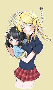 2girls absurdres aged_down ahoge black_hair black_shirt blonde_hair blue_shirt blush carrying child child_carry closed_eyes closed_mouth commentary_request cowboy_shot cropped_legs hachimiya_meguru highres idolmaster idolmaster_shiny_colors kazano_hiori kindergarten_uniform multiple_girls plaid_clothes plaid_skirt pleated_skirt polo_shirt purple_eyes raised_inner_eyebrows red_skirt shirt short_sleeves simple_background skirt smile standing sweatdrop translation_request trike_03 twintails wavy_mouth yellow_background