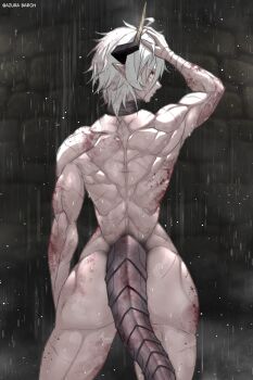 1girl absurdres ahoge ass azura_anblue blood blood_splatter dragon_girl dragon_horns dragon_tail fantasy hand_on_own_head highres horns looking_at_viewer muscular muscular_female nude orange_eyes original pointy_ears rain scar short_hair solo standing tail very_short_hair white_hair