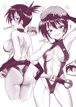 ! 1boy 1girl \||/ absurdres anger_vein arm_up armpits ash_ketchum ass back bare_back bare_shoulders baseball_cap belt bikini breasts butt_crack center_opening cleavage cropped_legs curvy elbow_gloves english_text fingerless_gloves from_behind fume gloves grin gym_leader half-closed_eyes hand_on_own_hip hat head_tilt highleg highleg_one-piece_swimsuit highres holding holding_poke_ball looking_at_viewer looking_back medium_breasts misty_(pokemon) monochrome multiple_views musical_note navel nintendo one-piece_swimsuit p_answer parted_lips poke_ball poke_ball_(basic) pokemon pokemon:_the_electric_tale_of_pikachu short_hair side-tie_bikini_bottom side_ponytail simple_background slingshot_swimsuit smile stomach sweat swimsuit thighs waist_poke_ball white_background wide_hips