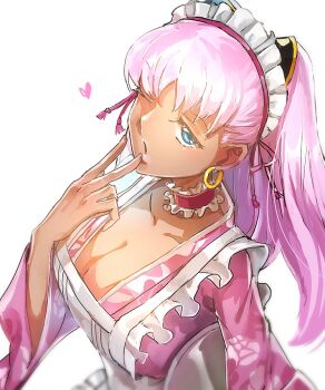 1girl blue_eyes breasts catherine_sabathra cleavage code_geass code_geass:_dakkan_no_roze collarbone earrings jewelry large_breasts long_hair maid_headdress one_eye_closed pink_hair solo twintails