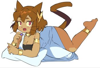 1girl animal_ears anklet armlet body_fur bracelet breasts brown_fur cat_ears cat_girl cat_tail commentary english_commentary furry furry_female gameoverse highres jewelry kit_bodega looking_at_viewer lying ohta_guk_hip on_side on_stomach open_mouth red_eyes short_hair simple_background solo tail