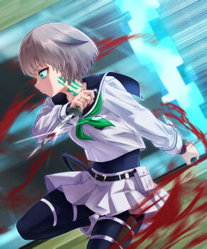 1girl absurdres belt black_pantyhose blood bloody_weapon commentary dual_wielding glint green_eyes green_neckerchief grey_hair highres holding holding_knife indou_yukine knife motion_blur mutsuki_(mutsuki0110) neck_tattoo neckerchief pantyhose pouch school_uniform scum_of_the_brave serafuku shirt short_hair slicing tattoo weapon white_shirt
