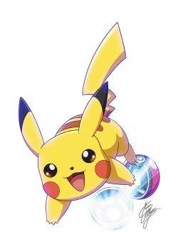 brown_eyes gen_1_pokemon marco_albiero nintendo open_mouth pikachu poke_ball poke_ball_(basic) pokemon pokemon_(creature) signature simple_background smile white_background
