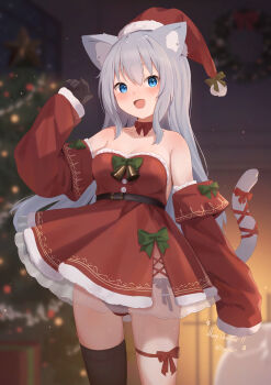 1girl :d absurdres animal_ears bare_shoulders belt black_belt black_thighhighs blue_eyes breasts cat_ears cat_girl cat_tail christmas christmas_tree cleavage commentary_request dress grey_hair hat highres hinata_(user_rjkt4745) long_hair looking_at_viewer medium_breasts open_mouth original panties red_dress red_hat red_panties red_ribbon ribbon santa_costume santa_dress santa_hat single_thighhigh smile solo tail tail_ornament tail_ribbon thighhighs underwear