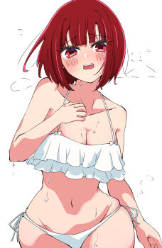 1girl absurdres arima_kana arm_at_side bare_shoulders bikini blunt_bangs blush breasts cleavage collarbone commentary curvy dripping eyelashes flying_sweatdrops frilled_bikini frills hand_on_own_chest highres looking_at_viewer medium_breasts navel open_mouth oshi_no_ko red_eyes red_hair short_hair simple_background solo steam stomach sweat swimsuit urishima white_background white_bikini wide_hips