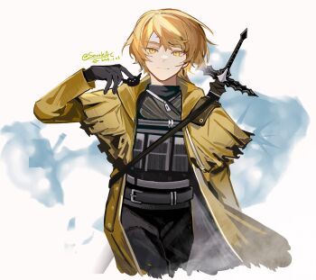 Rule 34 | 1boy, a certain sinclair (project moon), ammunition pouch, animal, animal on shoulder, arm at side, belt, bird, bird on shoulder, black belt, black gloves, black pants, blonde hair, coat, commentary request, cowboy shot, cropped legs, dated, flak jacket, gloves, hand up, highres, hood, hood down, hooded coat, jacket, limbus company, load bearing vest, long sleeves, looking at viewer, male focus, open clothes, open coat, pants, pouch, project moon, shirt, sinclair (project moon), smile, solo, south ac, swept bangs, trench coat, tsurime, turtleneck, turtleneck shirt, twitter username, undershirt, white background, yellow coat, yellow eyes, yellow hood, yellow sleeves, zipper pull tab