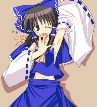 1girl alternate_color arm_up armpits black_hair bow brown_background brown_eyes colorized detached_sleeves exif_thumbnail_surprise female_focus hair_bow hair_tubes hakurei_reimu hoshi_umi immaterial_and_missing_power japanese_clothes long_hair looking_at_viewer midriff miko navel one_eye_closed open_mouth sarashi shadow simple_background skirt skirt_set solo standing tears touhou wink yawning