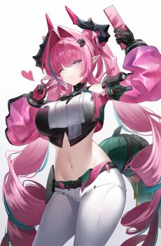 +_+ 1girl ;3 aqua_hair arknights arknights:_endfield belt black_belt black_gloves black_horns blush breasts closed_mouth commentary curly_hair gloves green_tail hair_intakes hair_on_horn hair_ornament hairclip heart highres holding horns large_breasts long_hair long_sleeves looking_at_viewer multicolored_eyes multicolored_hair navel one_eye_closed pants pink_gloves pink_hair pink_horns pink_sleeves pointy_ears purple_eyes revision rio_(rio773) smile solo stomach streaked_hair tail twintails two-tone_eyes two-tone_gloves two-tone_hair v very_long_hair white_background white_pants yvonne_(arknights)
