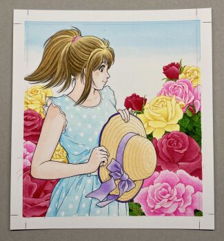 Rule 34 | 1girl, belt, blue dress, border, bow, brown eyes, brown hair, bud, commentary request, cowboy shot, dress, flower, frilled dress, frills, hanamaki maria, hat, hat bow, highres, holding, holding unworn clothes, holding unworn hat, konbini maria, looking at flowers, medium hair, miura mitsuru, official artist extra, pink flower, pink rose, polka dot, polka dot dress, ponytail, purple bow, red flower, red rose, rose, sleeveless, sleeveless dress, solo, standing, sun hat, traditional media, unworn hat, unworn headwear, white belt, white border, yellow flower, yellow rose