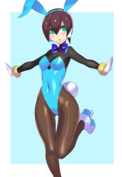 Rule 34 | 1girl, aile (mega man zx), android, animal ears, bad id, bad twitter id, black hair, blue bodysuit, blue footwear, blue hairband, blue leotard, blue necktie, blush, bodysuit, bracelet, breasts, brown hair, cleavage, covered navel, detached collar, fake animal ears, foot out of frame, frown, gloves, green eyes, groin, hair between eyes, hairband, jewelry, leg up, leotard, mega man (series), mega man zx, narrow waist, necktie, open mouth, pantyhose, playboy bunny, rabbit ears, robot ears, short hair, solo, standing, strapless, strapless leotard, ukimukai, white gloves, wrist cuffs