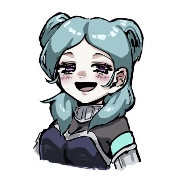 1girl akiidibujitos aqua_hair beta_(inazuma_eleven) blue_vest blush bodysuit commentary double_bun grey_bodysuit hair_bun highres inazuma_eleven_(series) inazuma_eleven_go inazuma_eleven_go_chrono_stone long_hair looking_at_viewer purple_eyes smile solo vest white_background