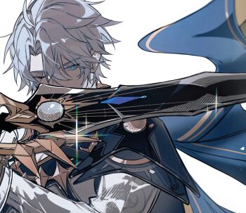 1boy armor belt black_choker blue_cape blue_eyes cape choker crossed_bangs grey_hair gyulseu hair_between_eyes highres holding holding_sword holding_weapon honkai:_star_rail honkai_(series) male_focus neck_tattoo one_eye_closed parted_bangs pauldrons phainon_(honkai:_star_rail) short_hair shoulder_armor simple_background single_pauldron solo sword tattoo upper_body weapon white_background yellow_cape yellow_pupils