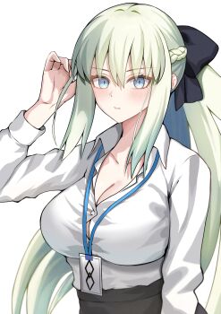 1girl absurdres black_bow blue_eyes blush bow braid breasts cleavage closed_mouth collarbone collared_shirt commentary_request dress_shirt duplicate fate/grand_order fate_(series) grey_hair hair_between_eyes hair_bow half_up_braid highres large_breasts long_hair long_sleeves looking_at_viewer morgan_le_fay_(chaldea_satellite_station)_(fate) morgan_le_fay_(fate) office_lady pencil_skirt ponytail shirt sidelocks simple_background skirt solo upper_body very_long_hair white_background white_hair white_shirt yuzu_sanma