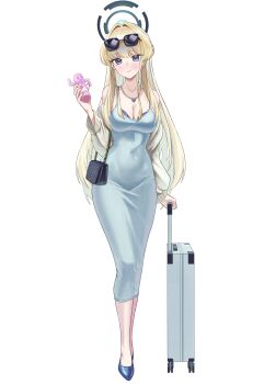 Rule 34 | 1girl, absurdres, bag, bare shoulders, blonde hair, blue archive, blue dress, blue eyes, blush, breasts, cleavage, commentary, dress, full body, grey jacket, halo, hanaet, handbag, haniwa (statue), high heels, highres, jacket, jewelry, korean commentary, long hair, long sleeves, looking at viewer, medium breasts, necklace, off shoulder, pendant, solo, suitcase, sunglasses, toki (blue archive)